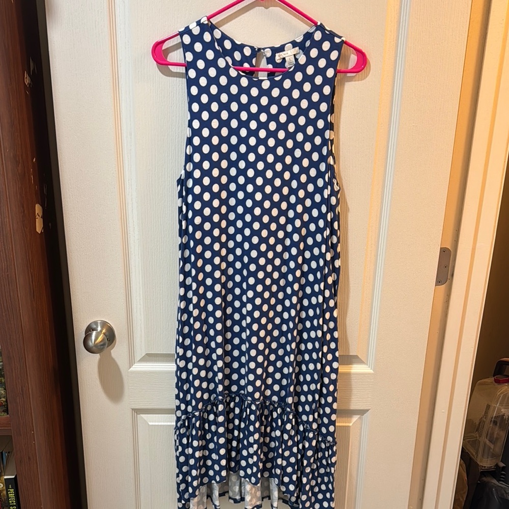 Blue and White Sleeveless Sundress with Crew Neck and Ruffled Bottom